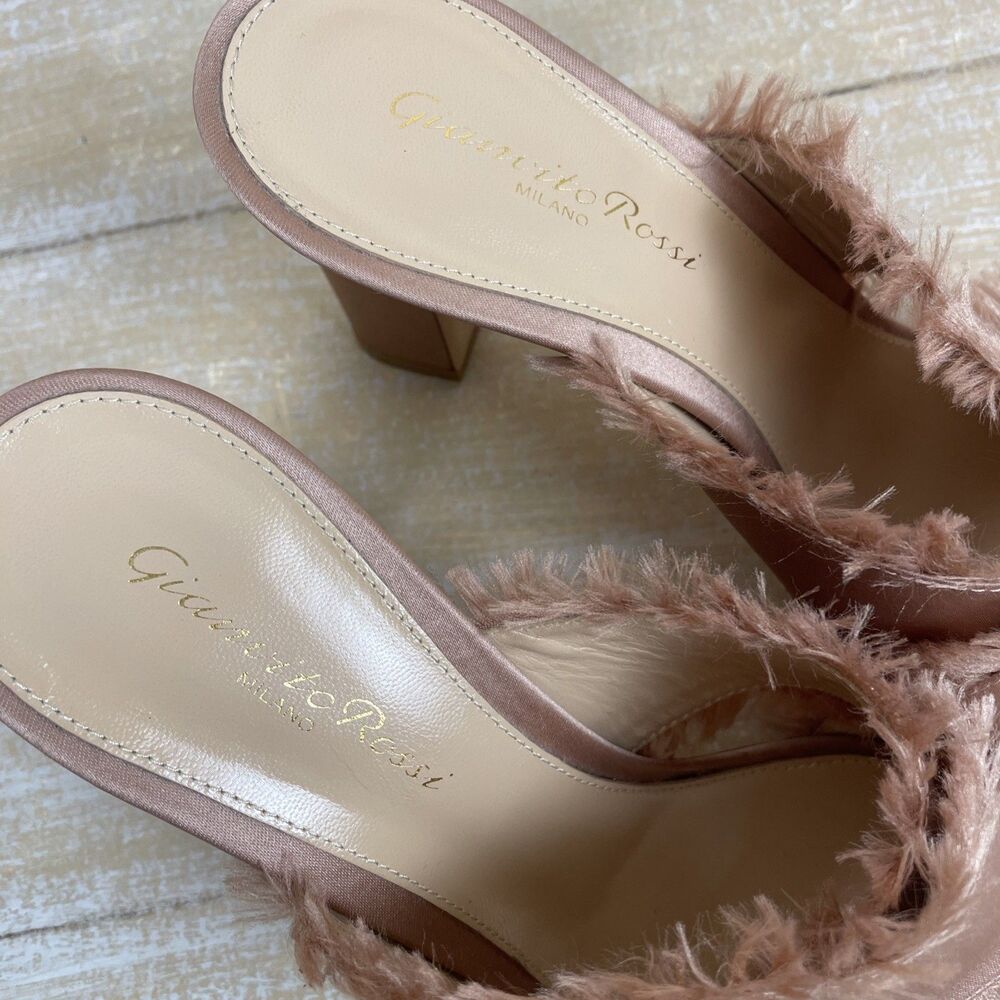 Gianvito Rossi Sandals Crossover Frayed Edges Chunky Heel Satin Pink 37½ Italy - Picture 7 of 13